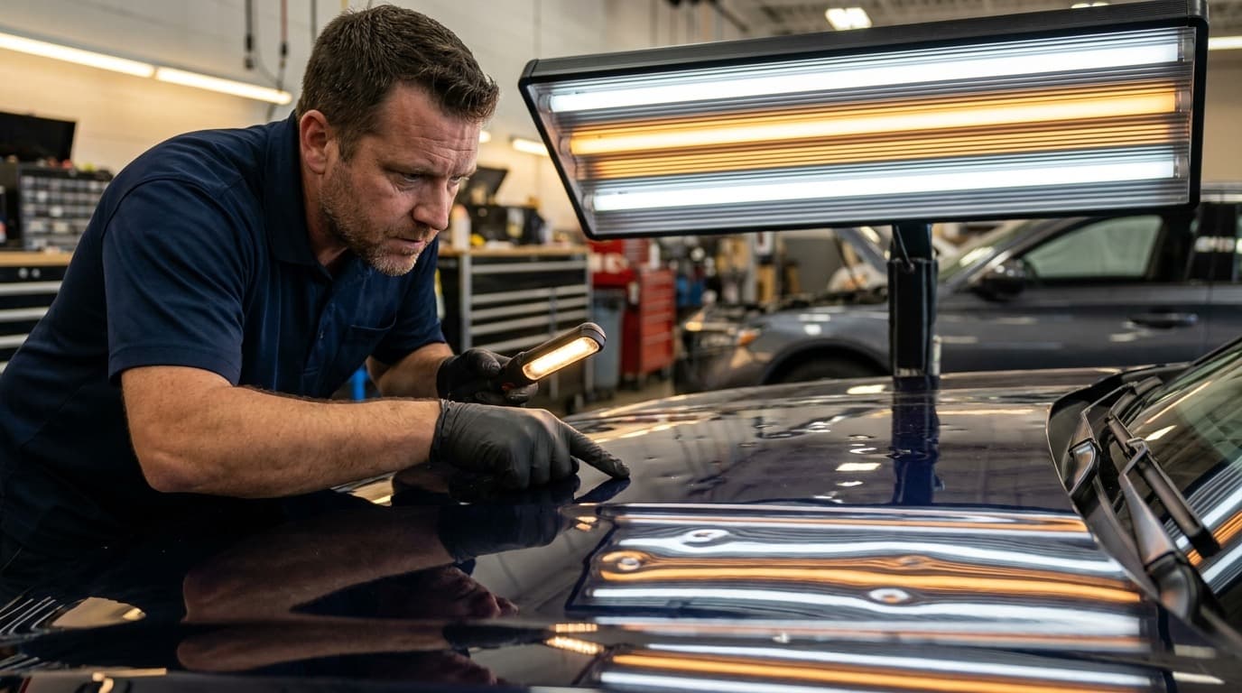 Technician inspecting a car's hood under a PDR reflector light