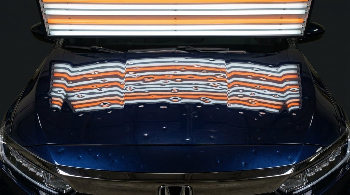 Hail-damaged car hood under a PDR reflector light, before and after paintless dent repair